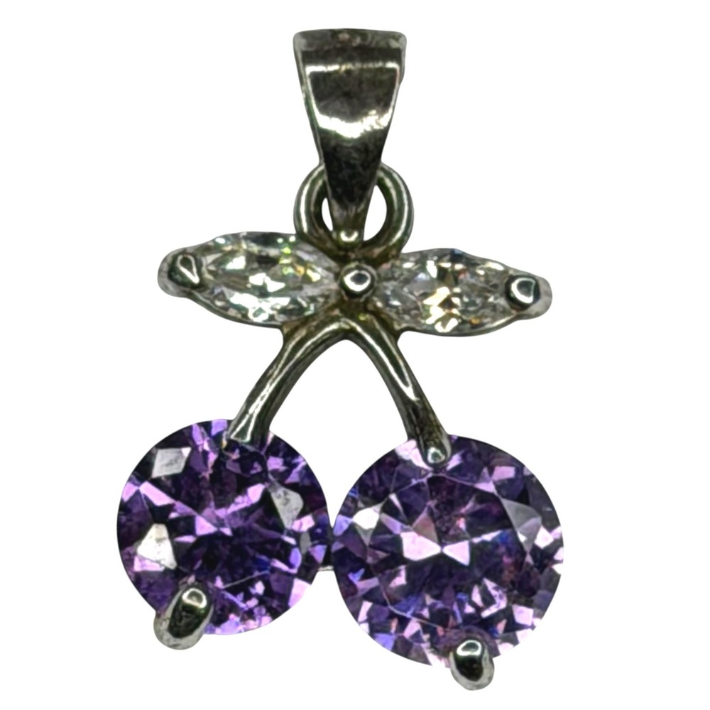 Vintage Y2K Sterling Silver 925Purple Cherry Pendant Rhinestone Fruit Charm